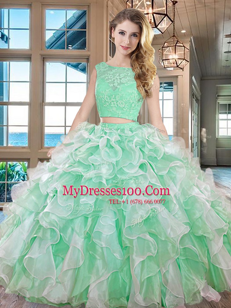 Floor Length Two Pieces Sleeveless Apple Green Quinceanera Gown Lace Up