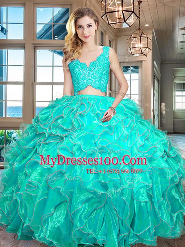 Extravagant Floor Length Zipper Sweet 16 Dress Turquoise for Military Ball and Sweet 16 and Quinceanera with Lace and Ruffles