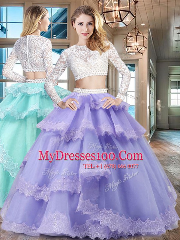 Popular Scoop Long Sleeves Zipper Floor Length Beading and Lace and Ruffled Layers Quinceanera Dress