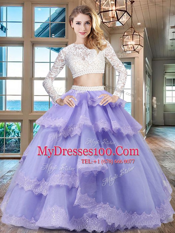 Popular Scoop Long Sleeves Zipper Floor Length Beading and Lace and Ruffled Layers Quinceanera Dress