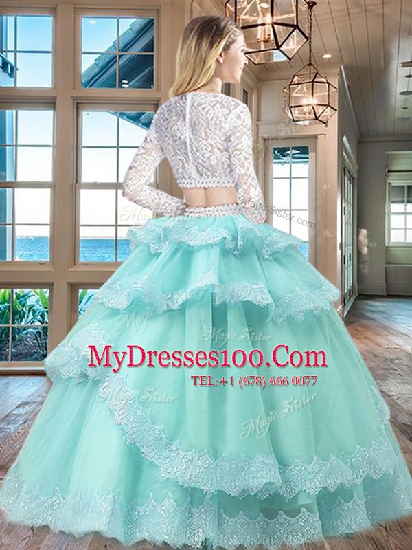 Popular Scoop Long Sleeves Zipper Floor Length Beading and Lace and Ruffled Layers Quinceanera Dress