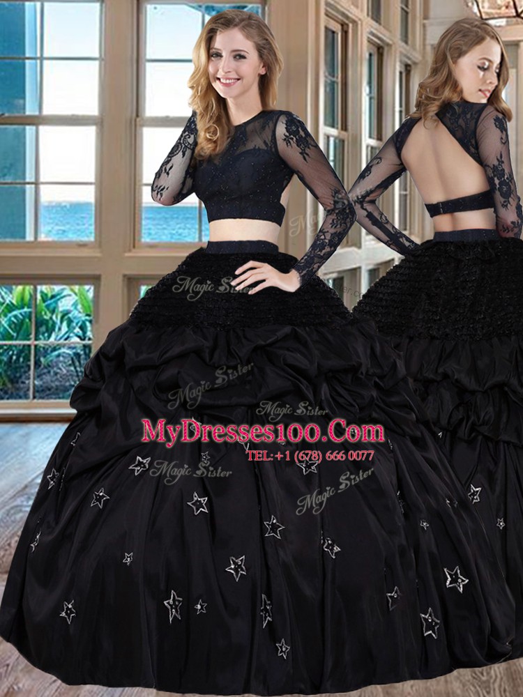 Elegant Black Scoop Backless Embroidery Quinceanera Gown Long Sleeves
