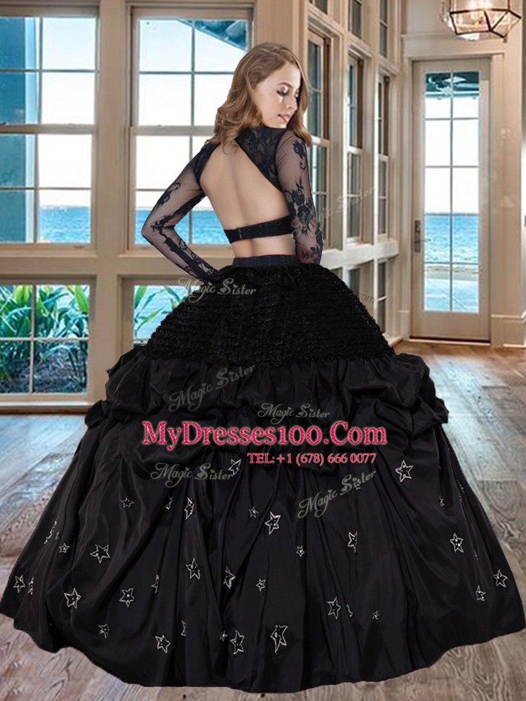 Elegant Black Scoop Backless Embroidery Quinceanera Gown Long Sleeves