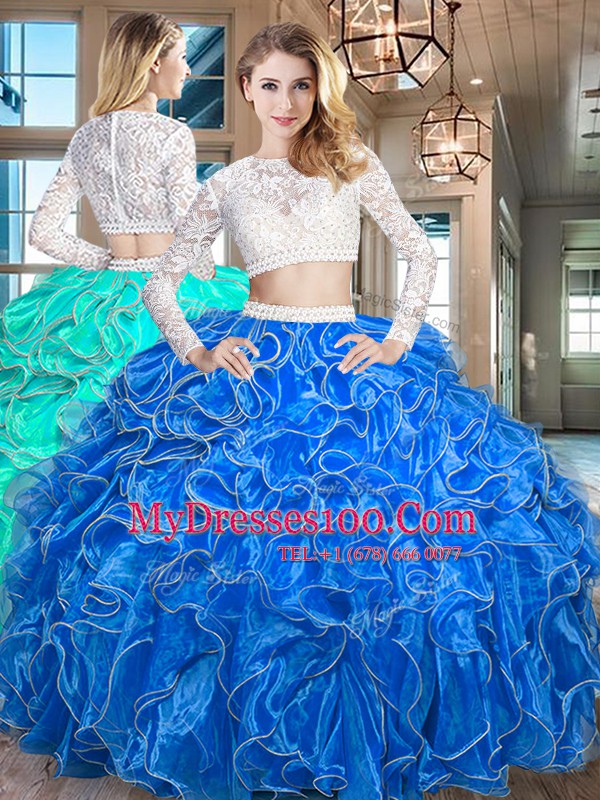Modern Royal Blue Scoop Neckline Beading and Lace and Ruffles Ball Gown Prom Dress Long Sleeves Zipper
