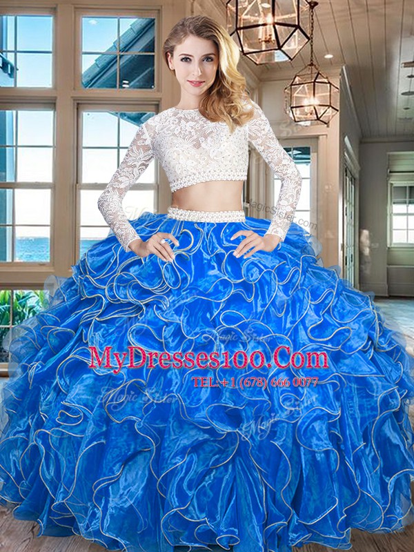 Modern Royal Blue Scoop Neckline Beading and Lace and Ruffles Ball Gown Prom Dress Long Sleeves Zipper