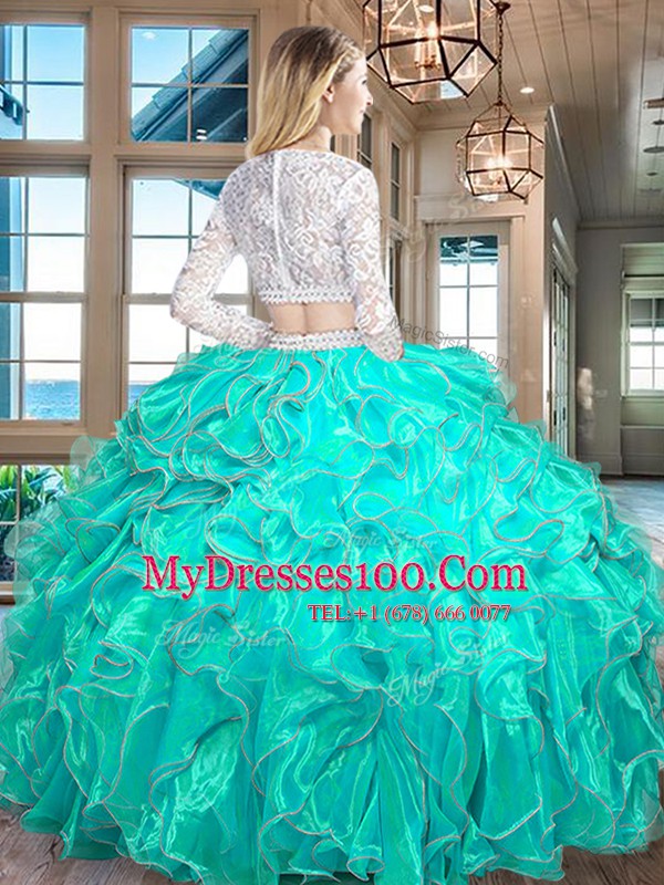 Modern Royal Blue Scoop Neckline Beading and Lace and Ruffles Ball Gown Prom Dress Long Sleeves Zipper