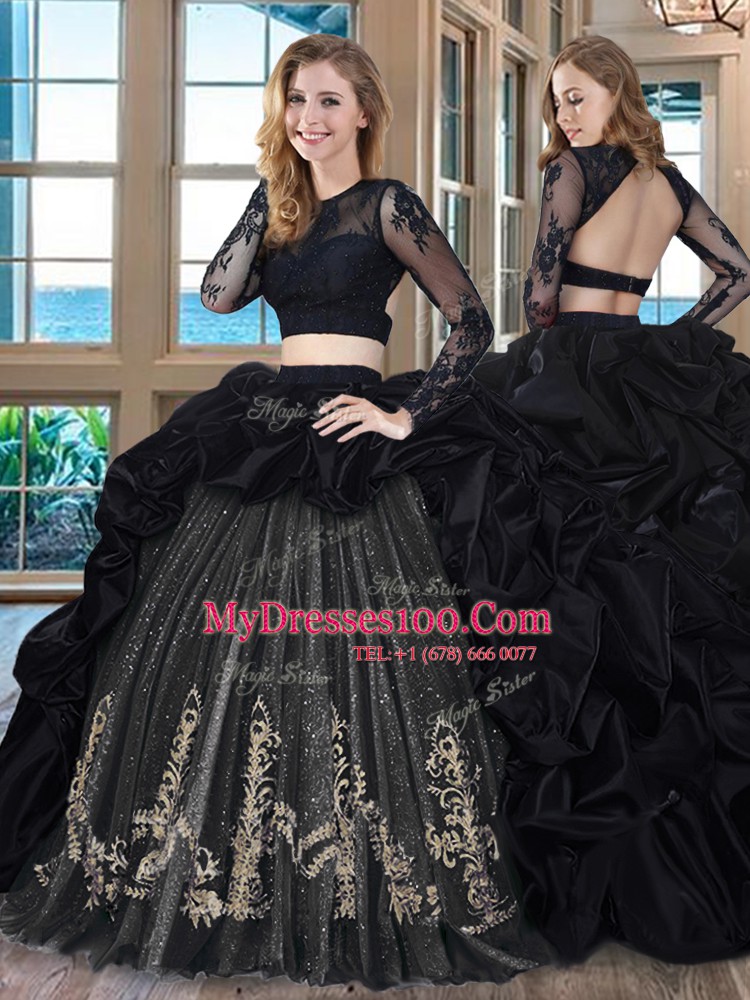 Exceptional Backless Scoop Long Sleeves Vestidos de Quinceanera With Brush Train Embroidery and Pick Ups Black Taffeta