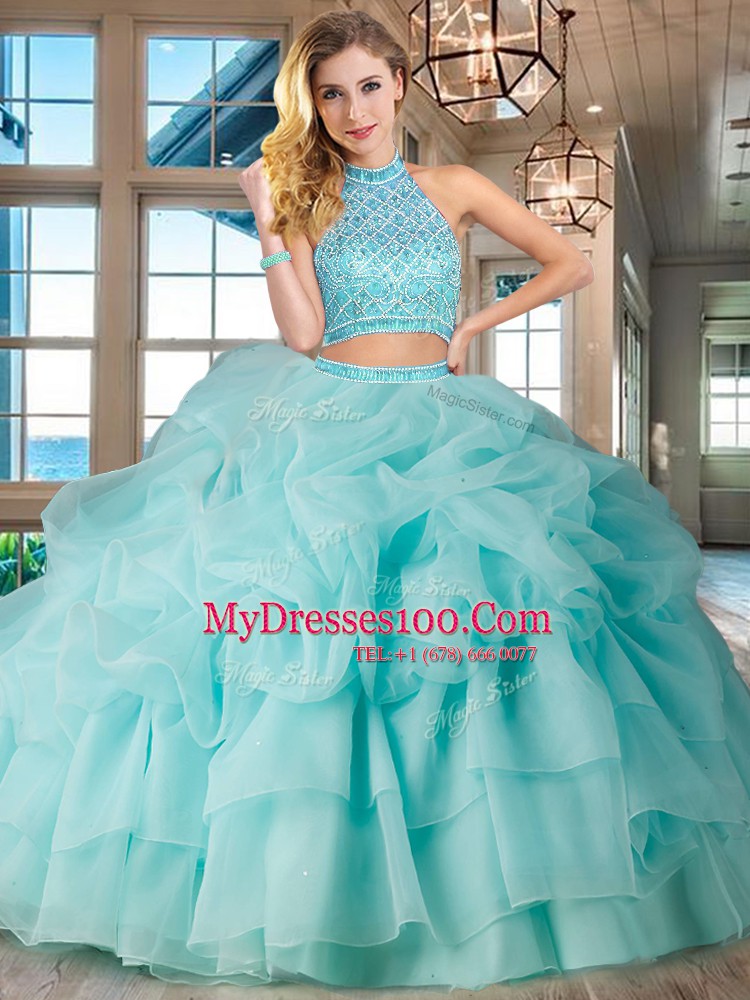 Halter Top Aqua Blue Two Pieces Beading and Ruffled Layers and Pick Ups Sweet 16 Dress Backless Organza Sleeveless
