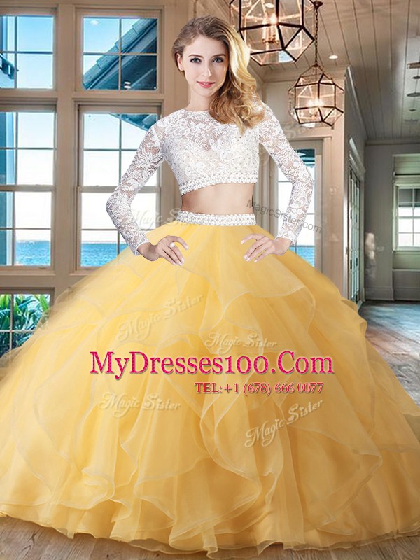 Gold Scoop Neckline Beading and Lace and Ruffles Sweet 16 Quinceanera Dress Long Sleeves Zipper