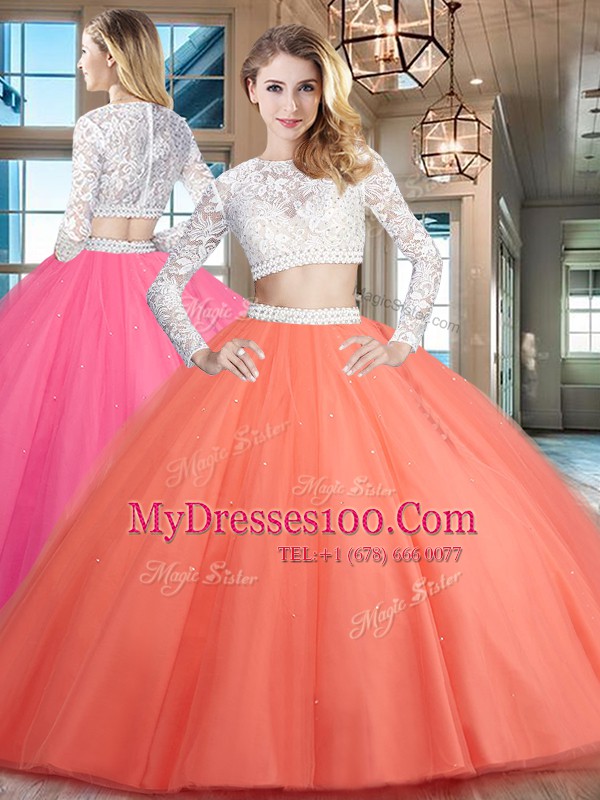 Floor Length Watermelon Red 15th Birthday Dress Scoop Long Sleeves Zipper