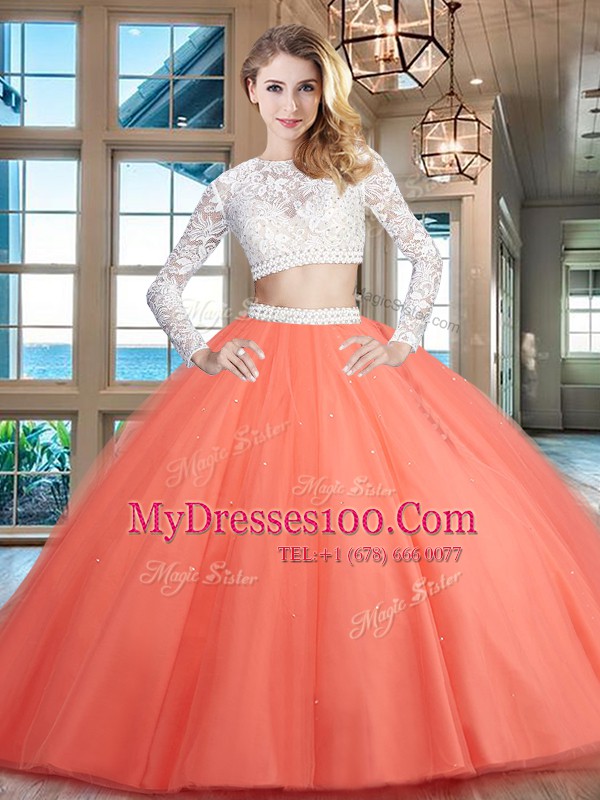 Floor Length Watermelon Red 15th Birthday Dress Scoop Long Sleeves Zipper