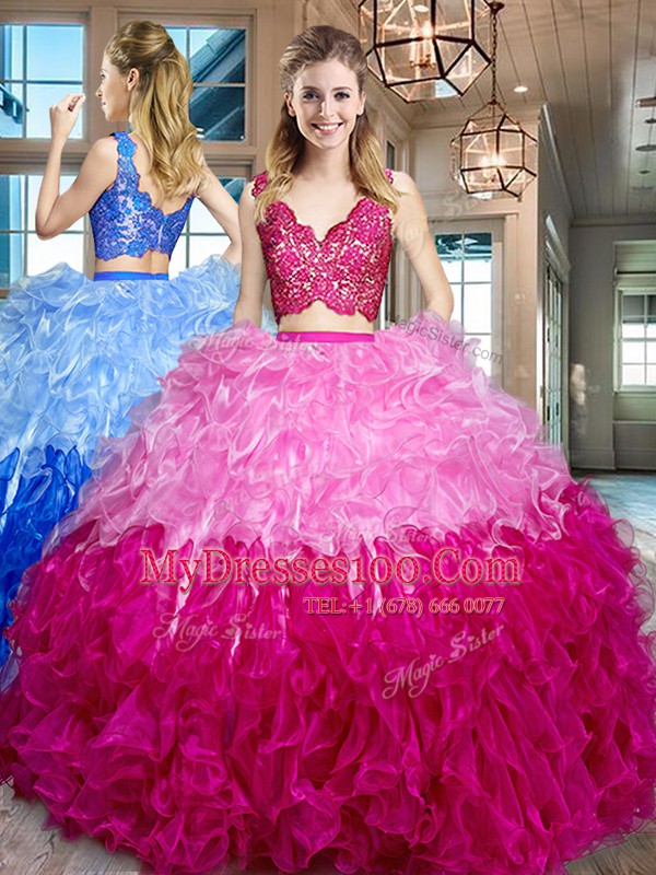 Shining V-neck Sleeveless Zipper Ball Gown Prom Dress Multi-color Organza