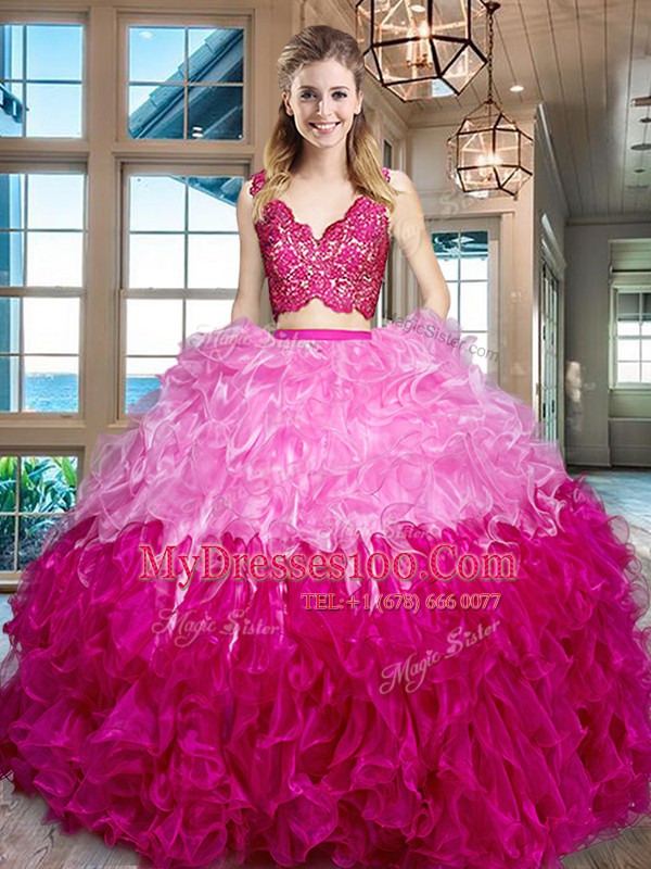 Shining V-neck Sleeveless Zipper Ball Gown Prom Dress Multi-color Organza