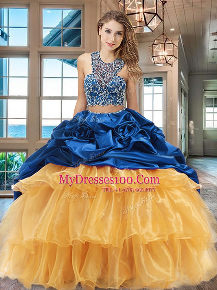 Spectacular Multi-color Two Pieces Scoop Sleeveless Organza and Taffeta With Brush Train Criss Cross Beading and Ruffled Layers and Pick Ups 15th Birthday Dress