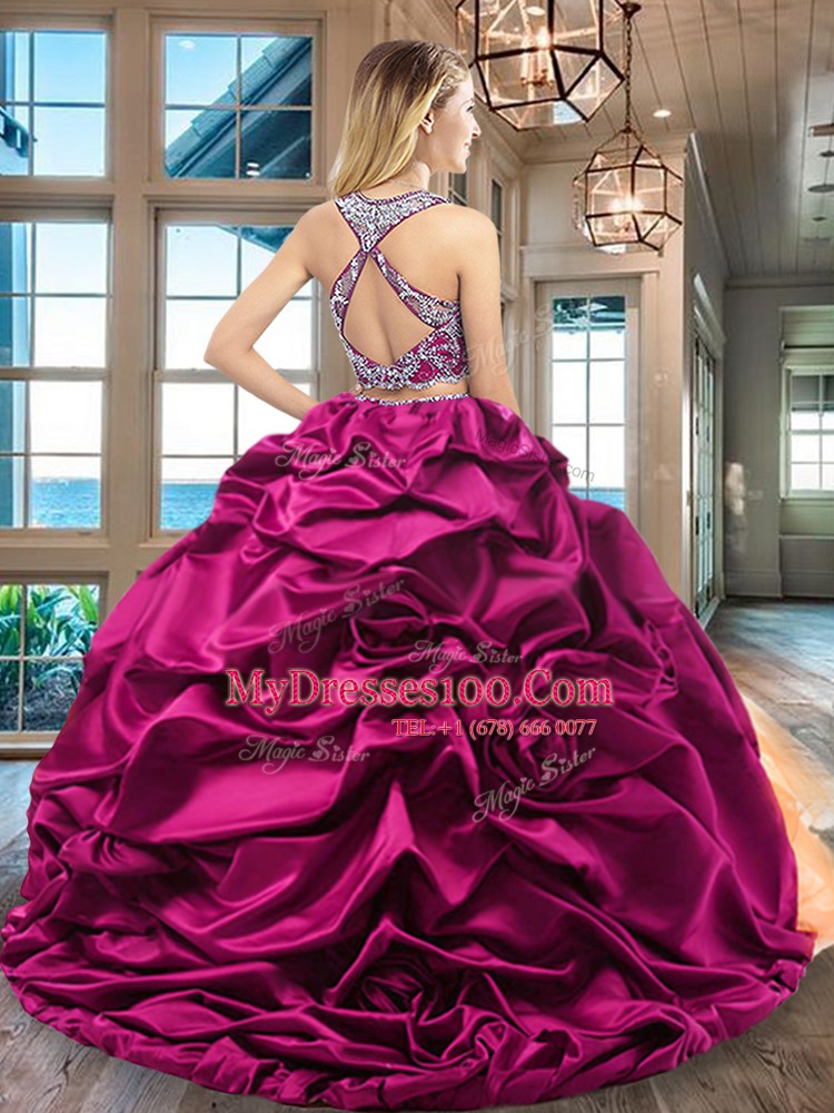 Spectacular Multi-color Two Pieces Scoop Sleeveless Organza and Taffeta With Brush Train Criss Cross Beading and Ruffled Layers and Pick Ups 15th Birthday Dress
