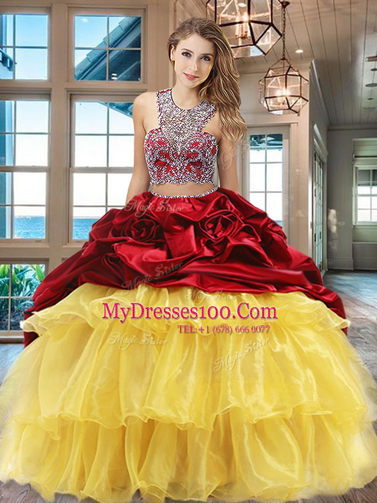 Spectacular Multi-color Two Pieces Scoop Sleeveless Organza and Taffeta With Brush Train Criss Cross Beading and Ruffled Layers and Pick Ups 15th Birthday Dress