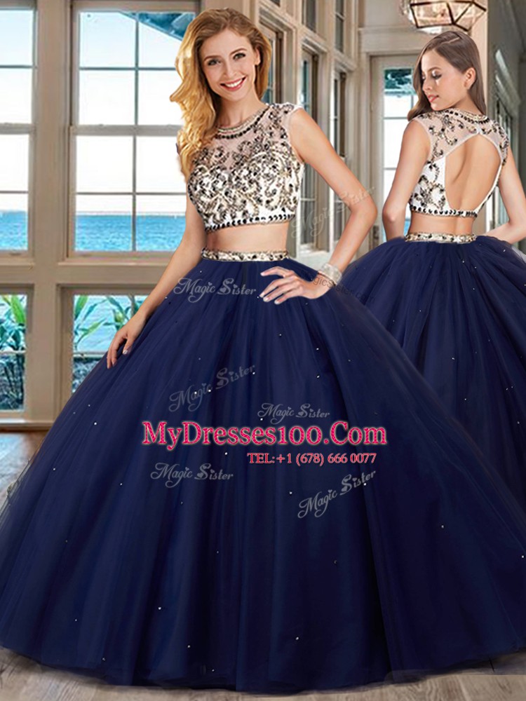 Navy Blue Two Pieces Tulle Scoop Cap Sleeves Beading With Train Backless Sweet 16 Quinceanera Dress Brush Train