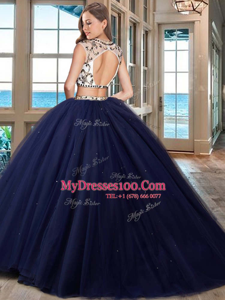 Navy Blue Two Pieces Tulle Scoop Cap Sleeves Beading With Train Backless Sweet 16 Quinceanera Dress Brush Train