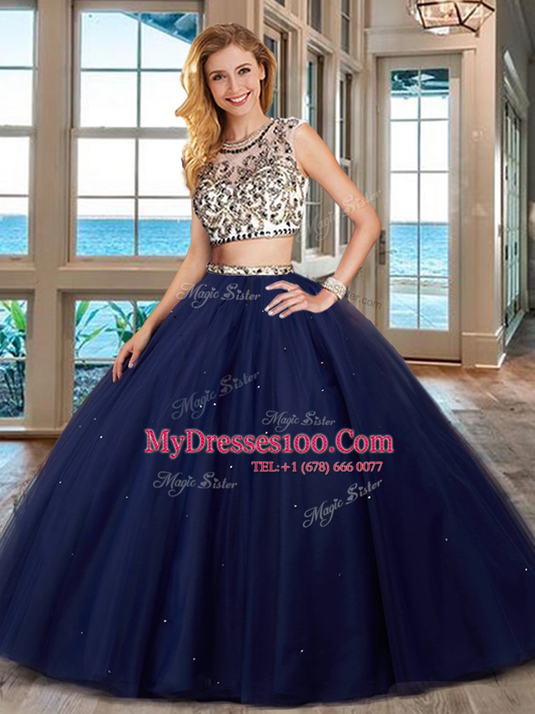 Navy Blue Two Pieces Tulle Scoop Cap Sleeves Beading With Train Backless Sweet 16 Quinceanera Dress Brush Train