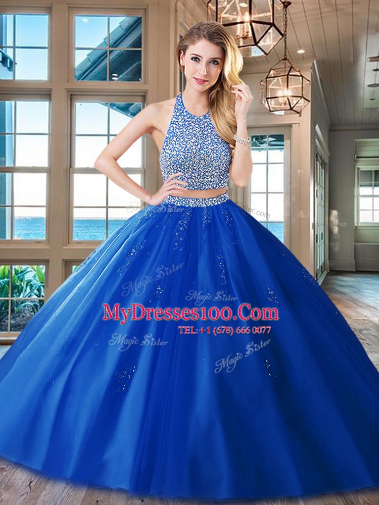 Red Two Pieces Halter Top Sleeveless Tulle With Brush Train Backless Beading and Appliques Quinceanera Gowns