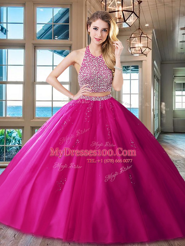 Red Two Pieces Halter Top Sleeveless Tulle With Brush Train Backless Beading and Appliques Quinceanera Gowns