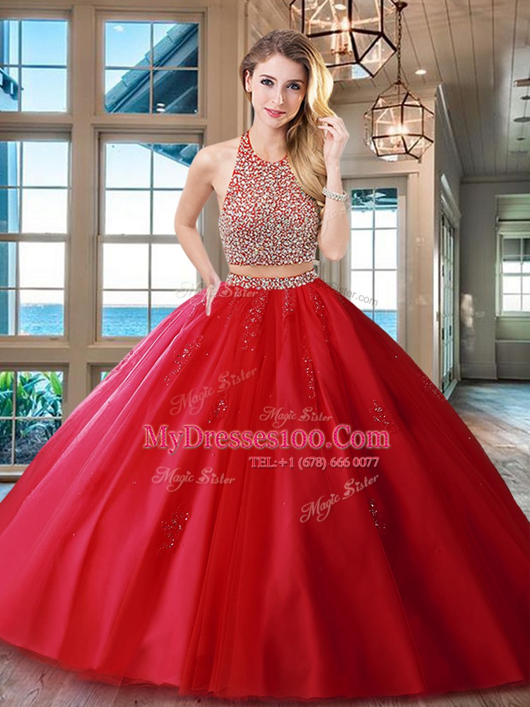 Red Two Pieces Halter Top Sleeveless Tulle With Brush Train Backless Beading and Appliques Quinceanera Gowns