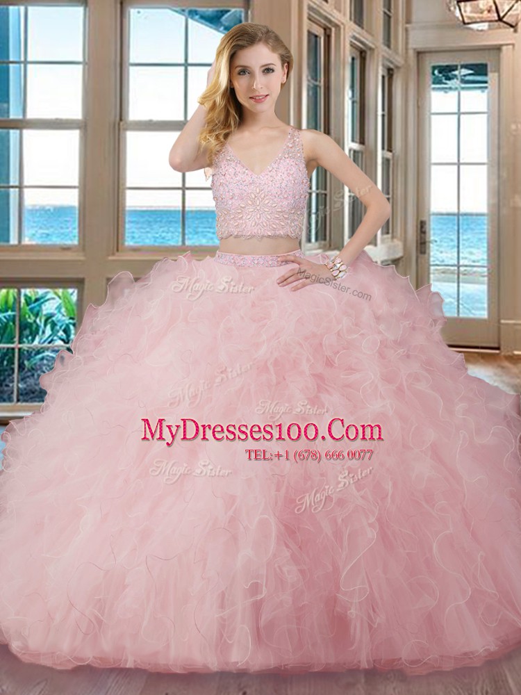 Teal Tulle Zipper V-neck Sleeveless Floor Length Quinceanera Dresses Beading and Ruffles