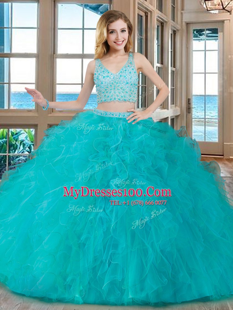 Teal Tulle Zipper V-neck Sleeveless Floor Length Quinceanera Dresses Beading and Ruffles