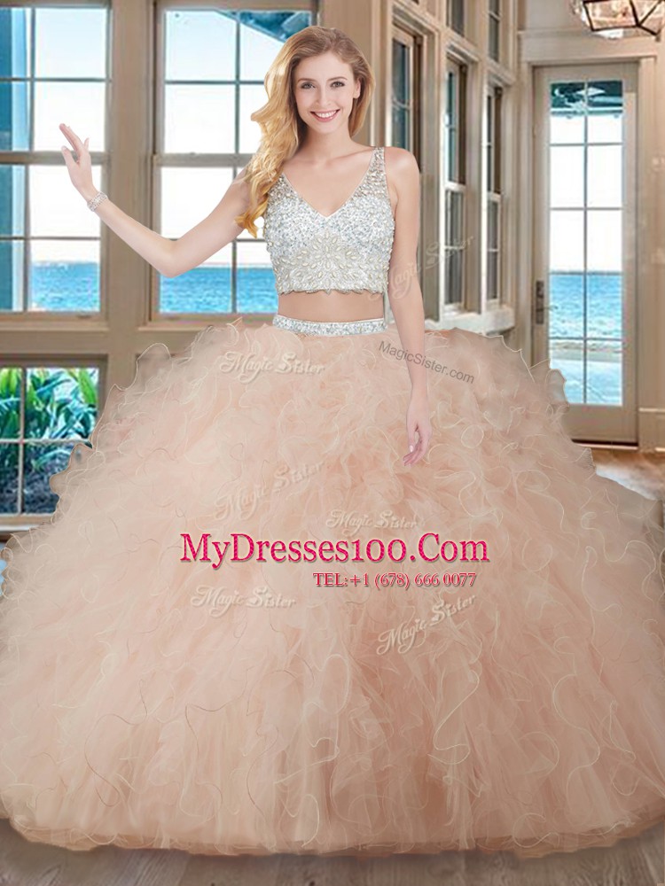 Teal Tulle Zipper V-neck Sleeveless Floor Length Quinceanera Dresses Beading and Ruffles
