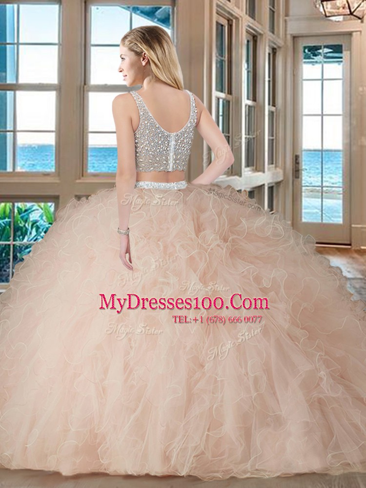 Teal Tulle Zipper V-neck Sleeveless Floor Length Quinceanera Dresses Beading and Ruffles