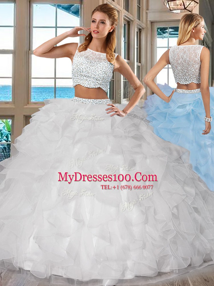 On Sale White Sleeveless Beading and Ruffles Floor Length Sweet 16 Dresses