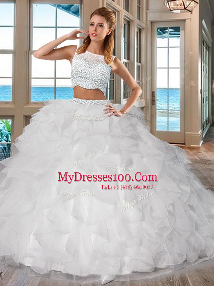 On Sale White Sleeveless Beading and Ruffles Floor Length Sweet 16 Dresses