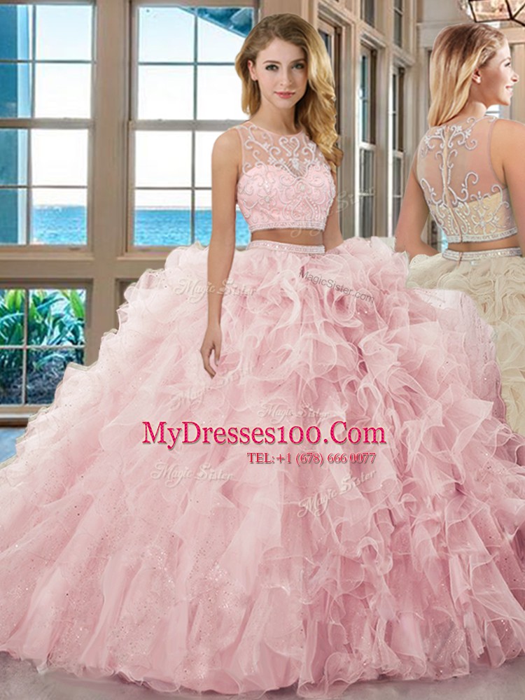 Traditional Scoop Sleeveless Floor Length Beading and Ruffles Zipper 15th Birthday Dress with Baby Pink