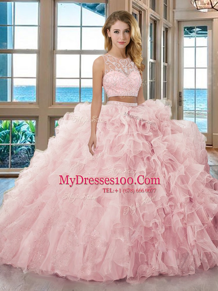 Traditional Scoop Sleeveless Floor Length Beading and Ruffles Zipper 15th Birthday Dress with Baby Pink