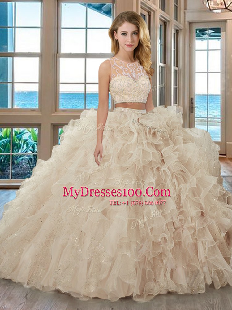 Traditional Scoop Sleeveless Floor Length Beading and Ruffles Zipper 15th Birthday Dress with Baby Pink
