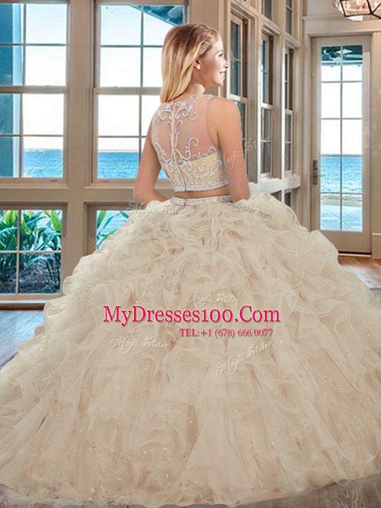 Traditional Scoop Sleeveless Floor Length Beading and Ruffles Zipper 15th Birthday Dress with Baby Pink