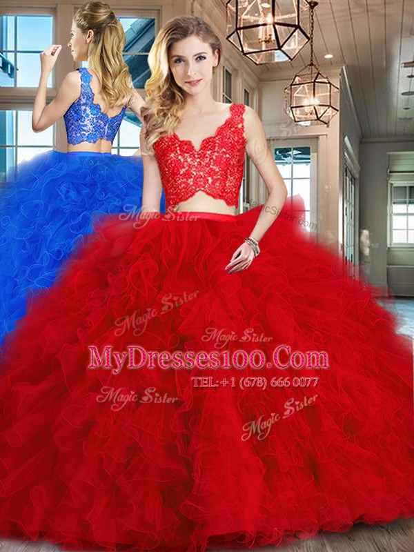 Sophisticated Brush Train Two Pieces 15 Quinceanera Dress Red V-neck Tulle Sleeveless Zipper