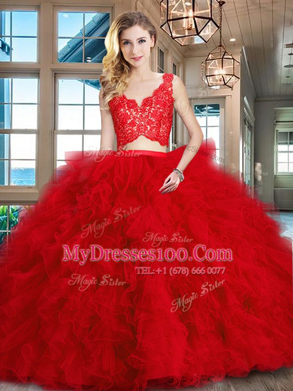 Sophisticated Brush Train Two Pieces 15 Quinceanera Dress Red V-neck Tulle Sleeveless Zipper