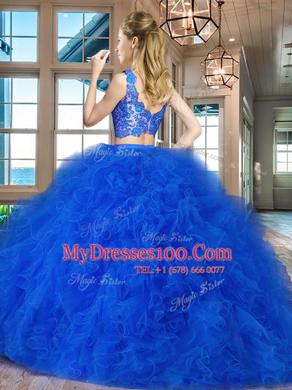 Sophisticated Brush Train Two Pieces 15 Quinceanera Dress Red V-neck Tulle Sleeveless Zipper
