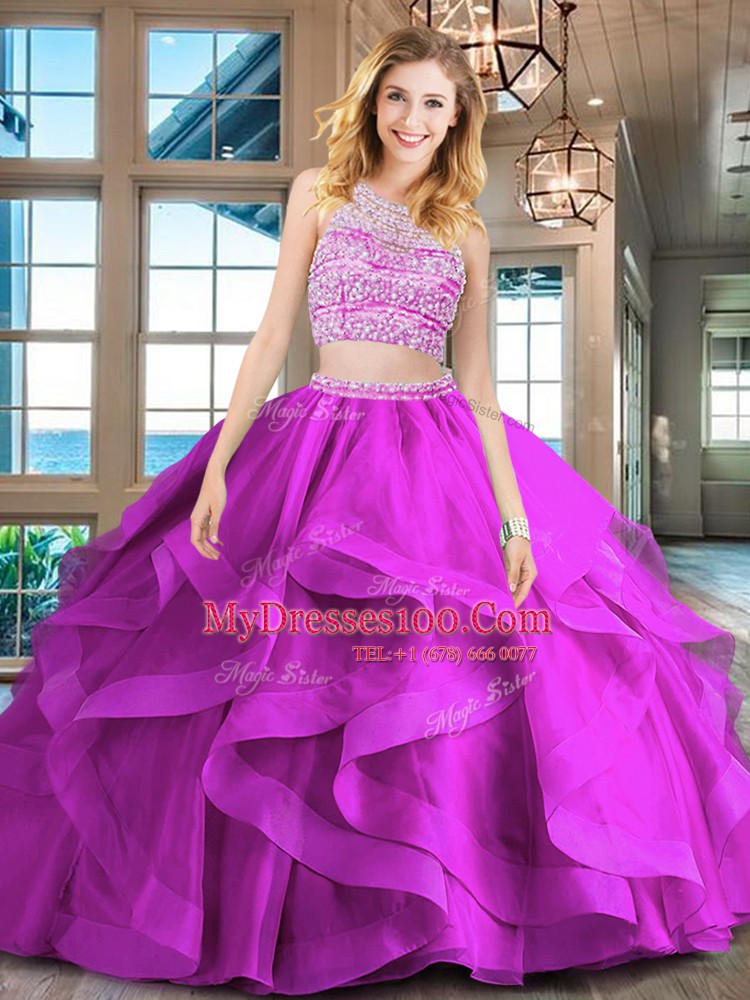 Scoop Fuchsia Backless Vestidos de Quinceanera Beading and Ruffles Sleeveless With Brush Train