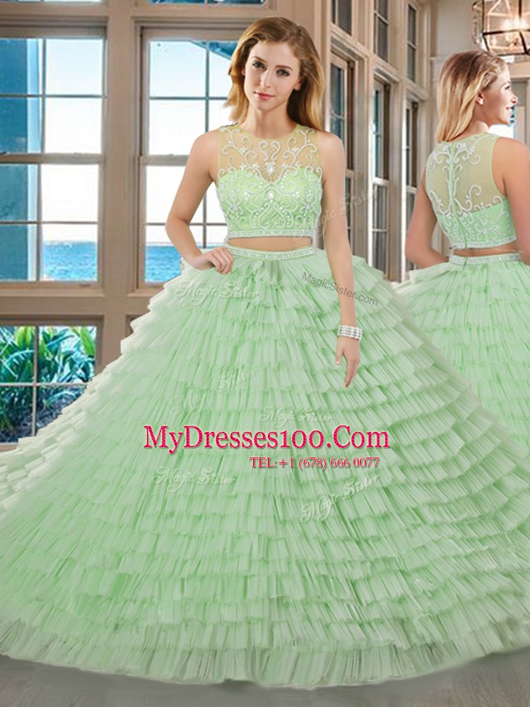 Free and Easy Scoop Sleeveless Floor Length Beading and Ruffled Layers Zipper Ball Gown Prom Dress with Apple Green