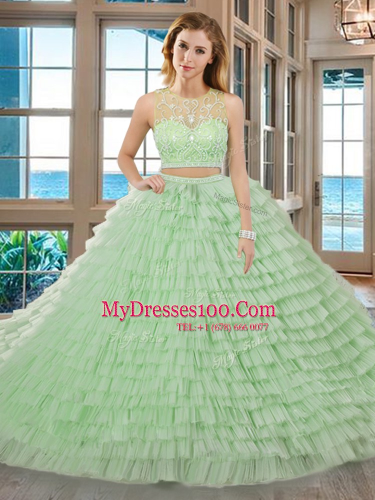 Free and Easy Scoop Sleeveless Floor Length Beading and Ruffled Layers Zipper Ball Gown Prom Dress with Apple Green