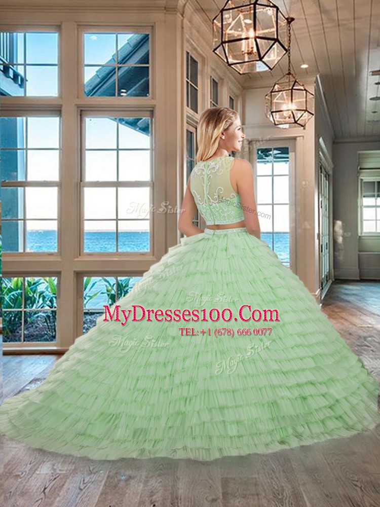 Free and Easy Scoop Sleeveless Floor Length Beading and Ruffled Layers Zipper Ball Gown Prom Dress with Apple Green