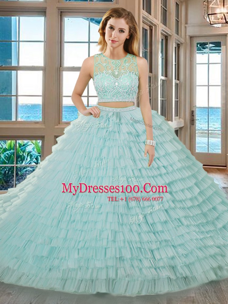 Free and Easy Scoop Sleeveless Floor Length Beading and Ruffled Layers Zipper Ball Gown Prom Dress with Apple Green