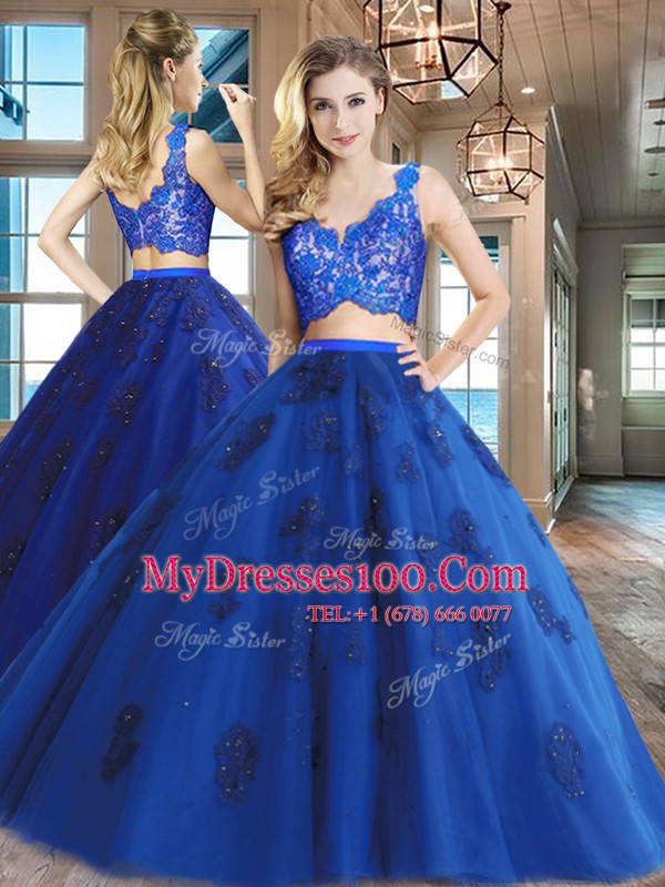 Decent Royal Blue Sleeveless Lace and Appliques Floor Length Sweet 16 Dress