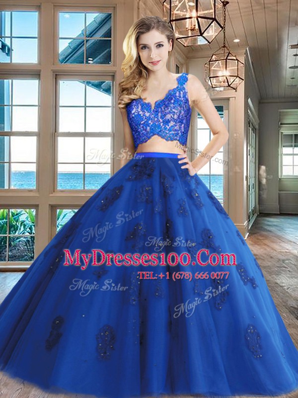 Decent Royal Blue Sleeveless Lace and Appliques Floor Length Sweet 16 Dress