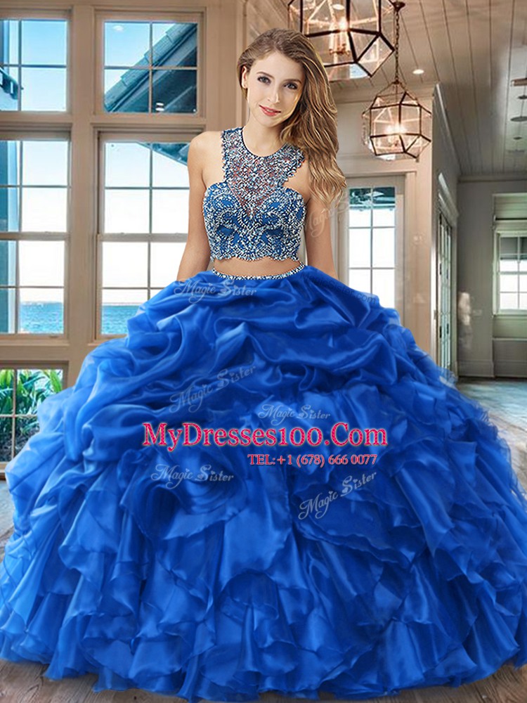 Royal Blue Criss Cross Scoop Beading and Ruffles and Pick Ups Quinceanera Dresses Organza Sleeveless