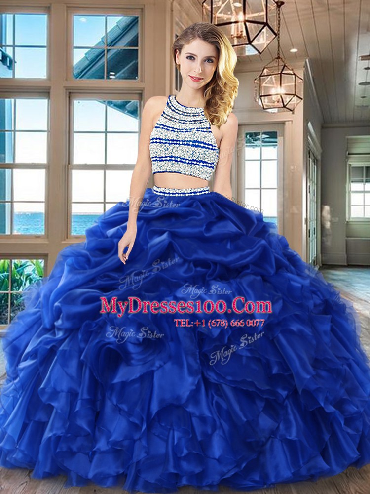 Stunning Scoop Pick Ups Floor Length Two Pieces Sleeveless Royal Blue Ball Gown Prom Dress Backless