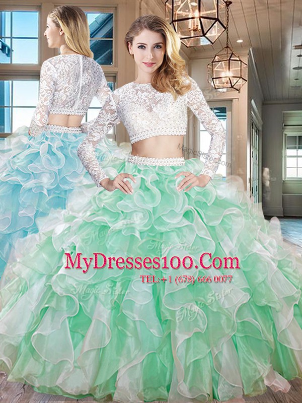 Flirting Scoop Apple Green Long Sleeves Floor Length Beading and Lace and Ruffles Zipper Sweet 16 Dress