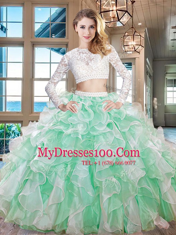 Flirting Scoop Apple Green Long Sleeves Floor Length Beading and Lace and Ruffles Zipper Sweet 16 Dress
